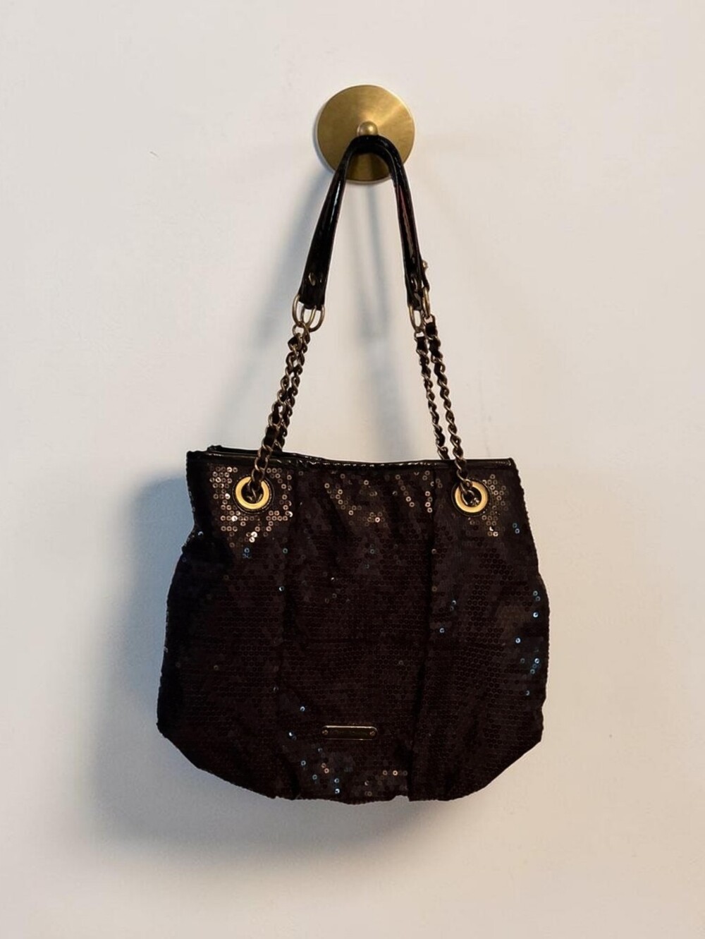 Betsey Johnson Black Sequin Tote Bag with Chain Handles